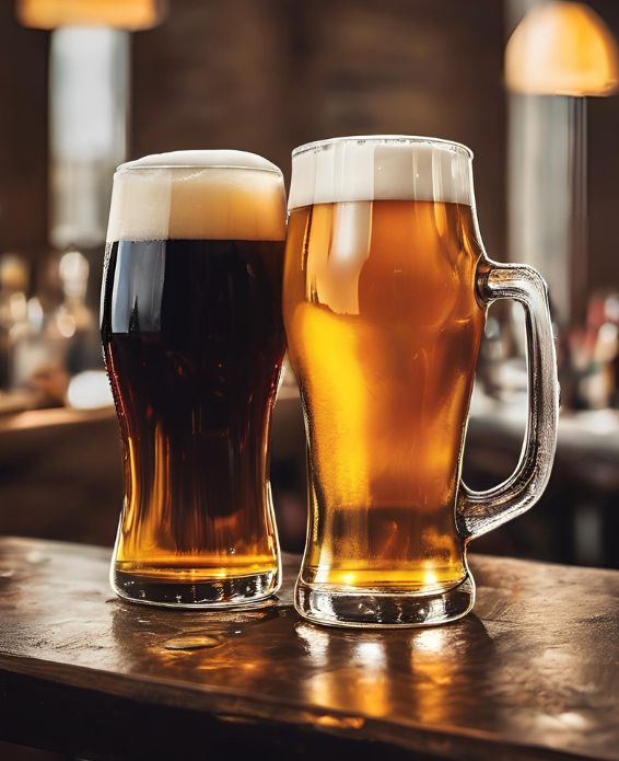 Ein Glas dunkles Bockbier und ein Glas helles Bockbier auf einem Holztresen in einer Bar.